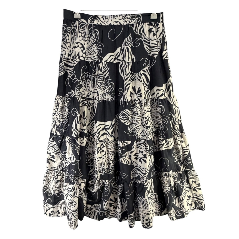 Monnari Tiered Midi Skirt Women M EU 38 Black Patchwork Floral Boho Minimalist